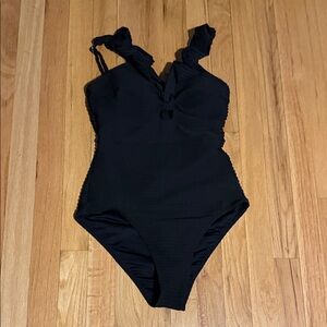 Classic Black One-Piece Swimsuit with Ruffle Straps